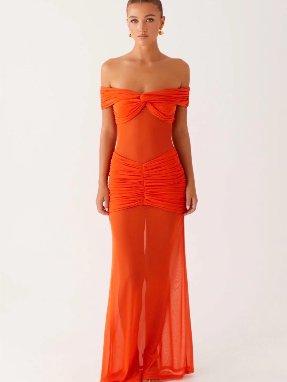 Off-Shoulder Orange Ruched Maxi Dress